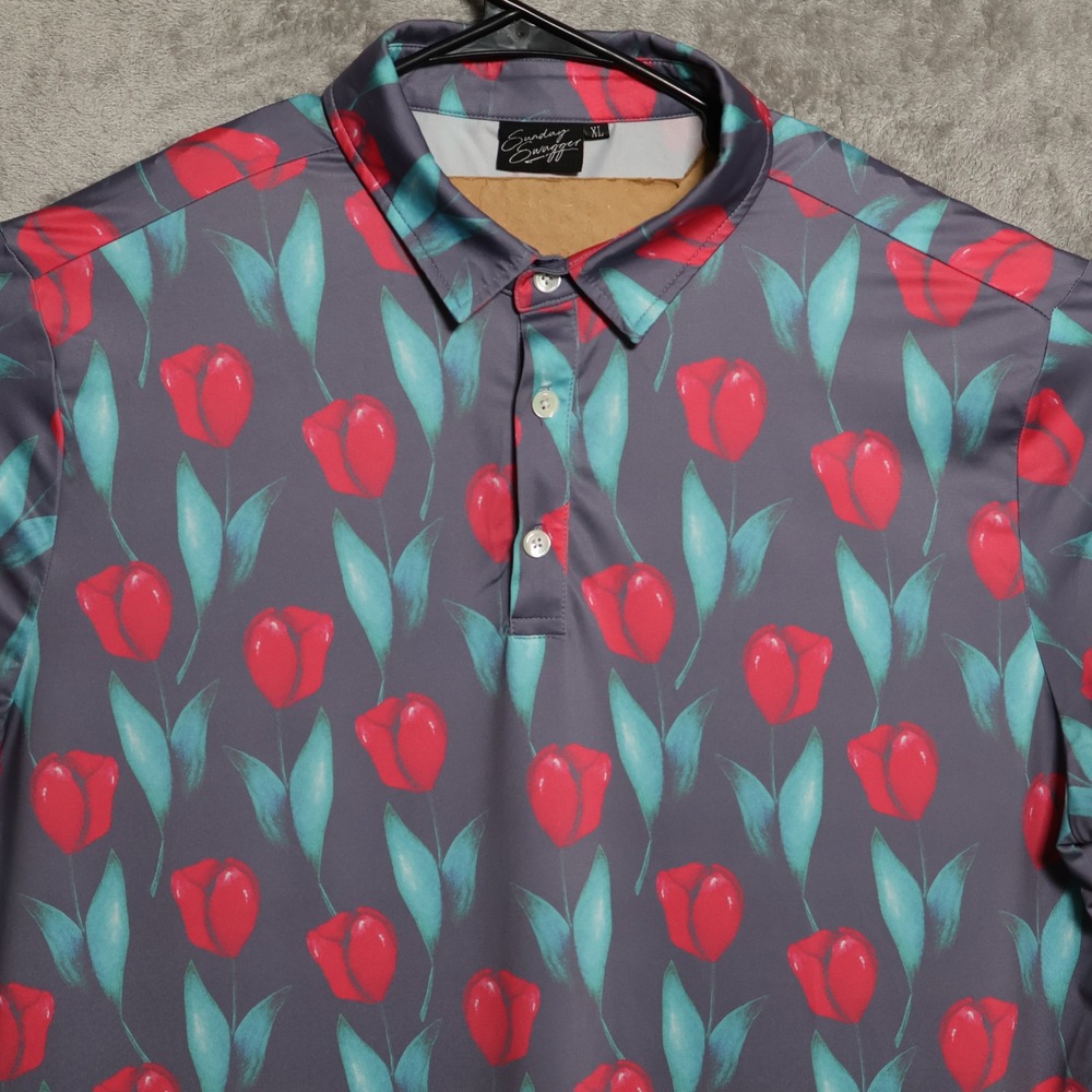 Sunday Swagger Polo Shirt Mens XL Gray Red Tulip Floral Golf Performance Preppy